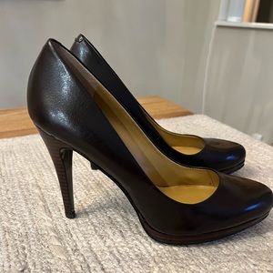 Nine West Platform Pumps - Brown Leather w/ Wood Grain Heel - Size 7